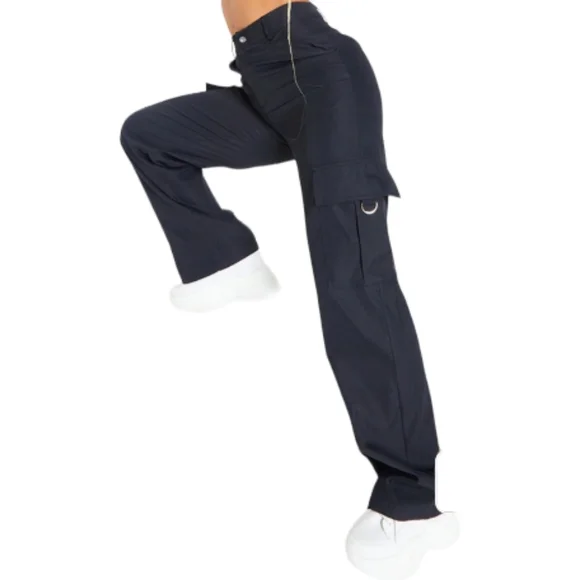 PrettyLittleThing Shape Black Buckle Detail Cargo Wide Leg Pants, Size 14 - Picture 3 of 16